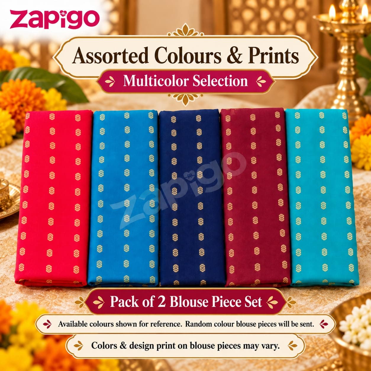 Mantapa Aura Unstitched Blouse Piece for Women, Soft Cotton Blend Blouse Material with Neatly Spaced Gold Hexagonal Butti Motifs, Assorted Colours 1 Metre, Traditional Haldi Kumkum, Pack of 2 thumbnail 8
