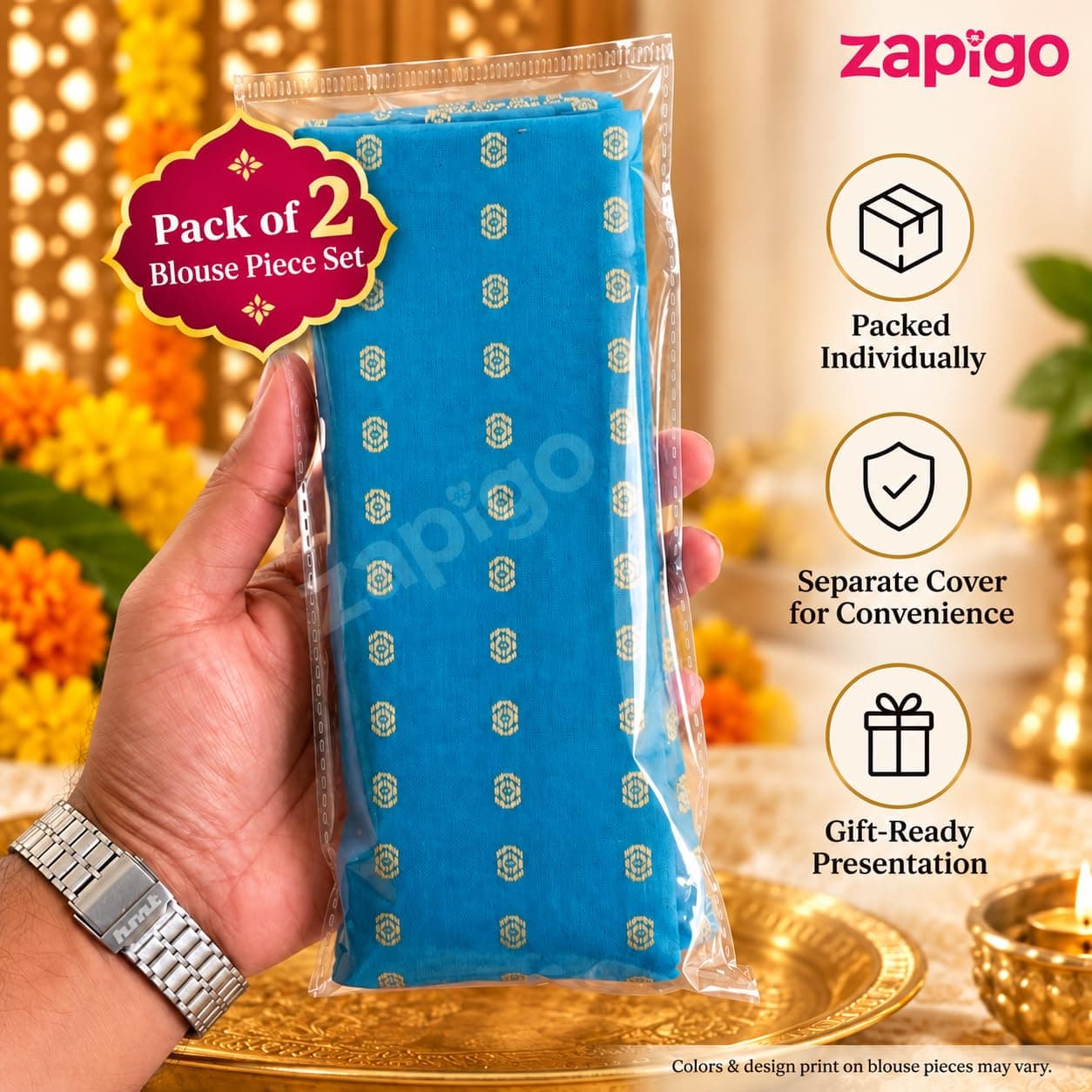 Mantapa Aura Unstitched Blouse Piece for Women, Soft Cotton Blend Blouse Material with Neatly Spaced Gold Hexagonal Butti Motifs, Assorted Colours 1 Metre, Traditional Haldi Kumkum, Pack of 2 thumbnail 2