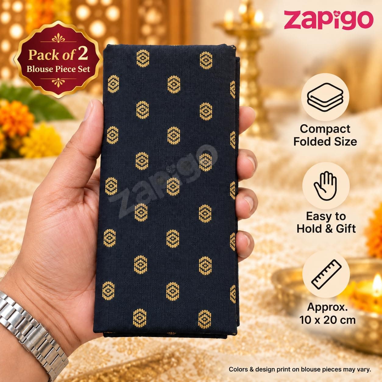 Mantapa Aura Unstitched Blouse Piece for Women, Soft Cotton Blend Blouse Material with Neatly Spaced Gold Hexagonal Butti Motifs, Assorted Colours 1 Metre, Traditional Haldi Kumkum, Pack of 2 thumbnail 3