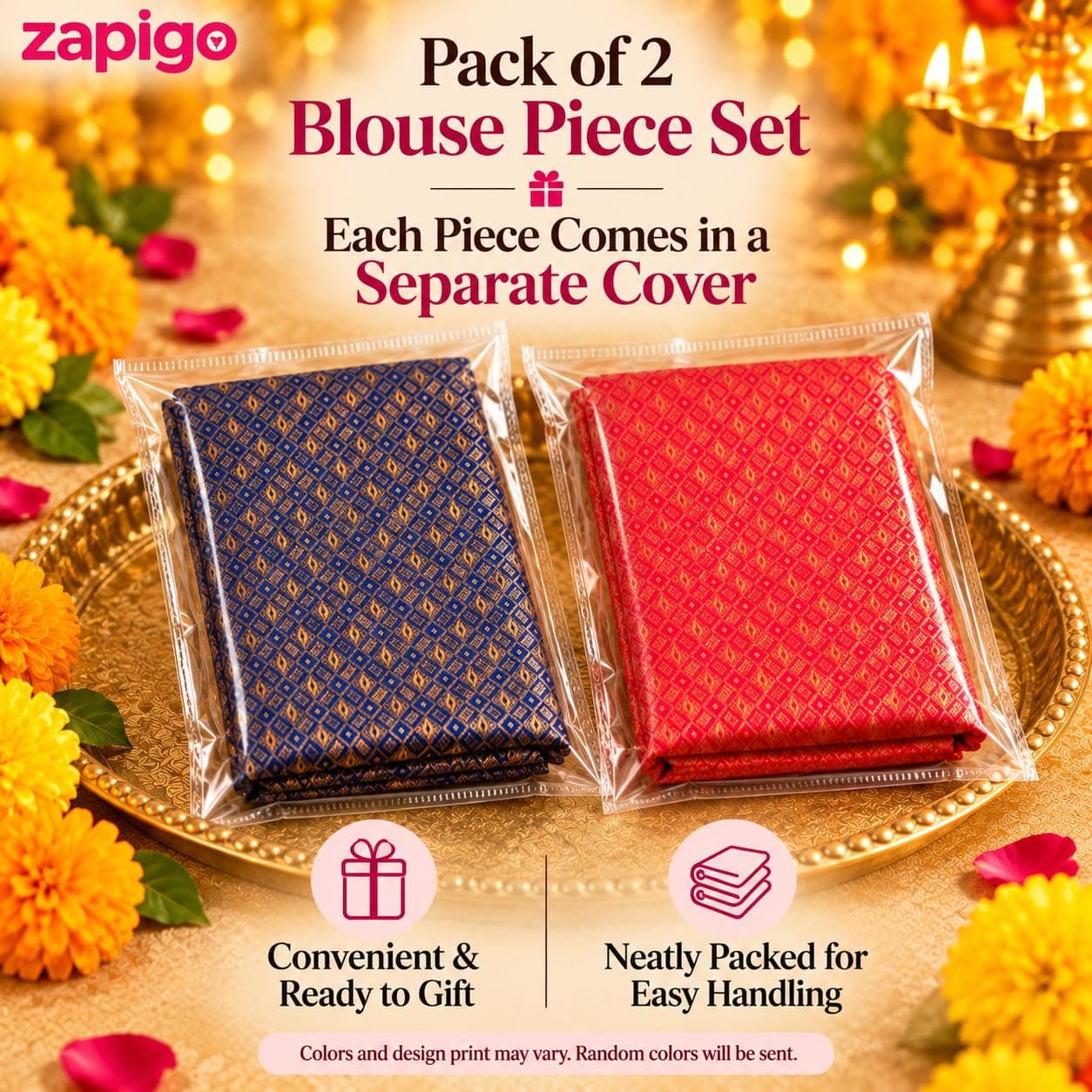 Mantapa Dazzle Unstitched Blouse Piece for Women, Silk Blend Blouse Material with Dense All-Over Gold Diamond Lattice Brocade, Assorted Colours 1 Metre, Traditional Haldi Kumkum, Pack of 2 thumbnail 5