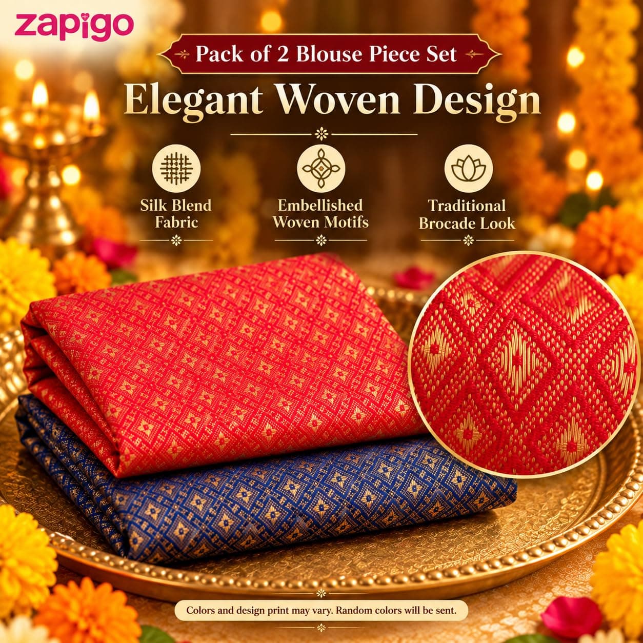 Mantapa Dazzle Unstitched Blouse Piece for Women, Silk Blend Blouse Material with Dense All-Over Gold Diamond Lattice Brocade, Assorted Colours 1 Metre, Traditional Haldi Kumkum, Pack of 2 thumbnail 6