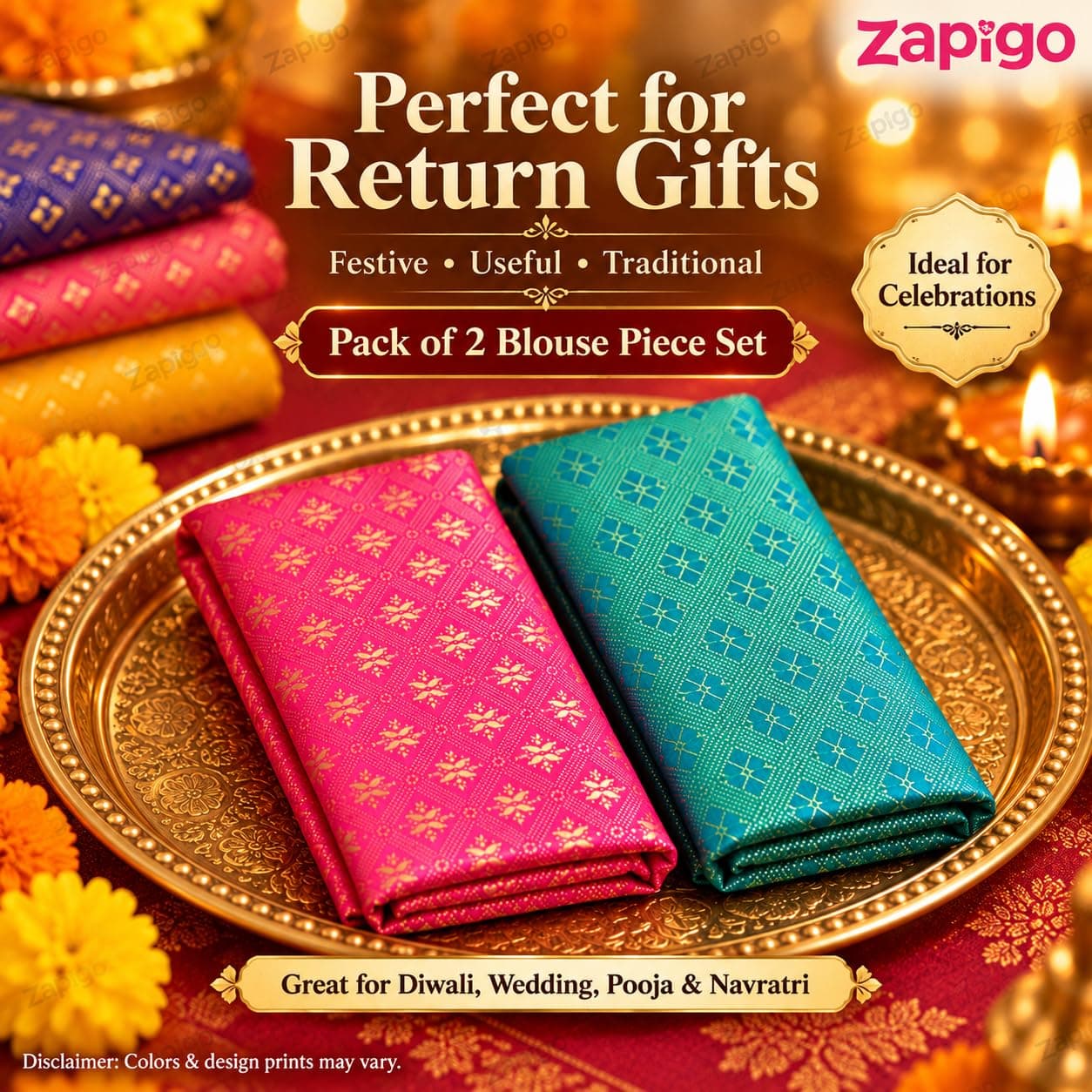 Mantapa Charm Unstitched Blouse Piece for Women, Silk Blend Blouse Material with Varied Small Gold Jacquard Motifs, Assorted Colours 1 Metre, Traditional Haldi Kumkum Thamboolam Gift, Pack of 2 thumbnail 8