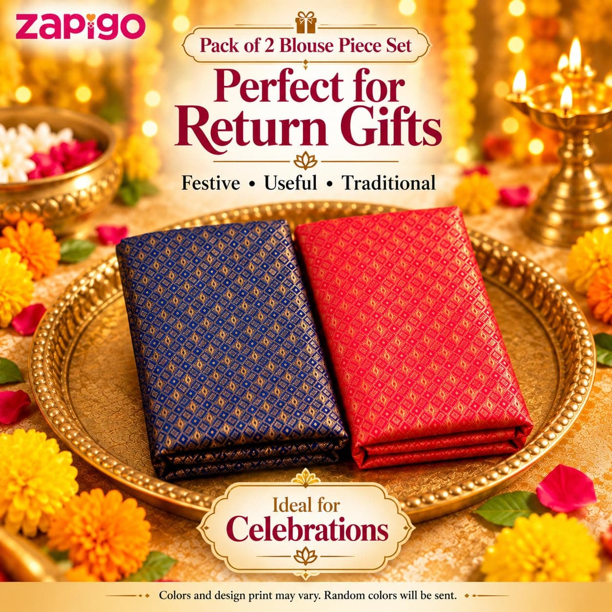 Mantapa Dazzle Unstitched Blouse Piece for Women, Silk Blend Blouse Material with Dense All-Over Gold Diamond Lattice Brocade, Assorted Colours 1 Metre, Traditional Haldi Kumkum, Pack of 2 thumbnail 8