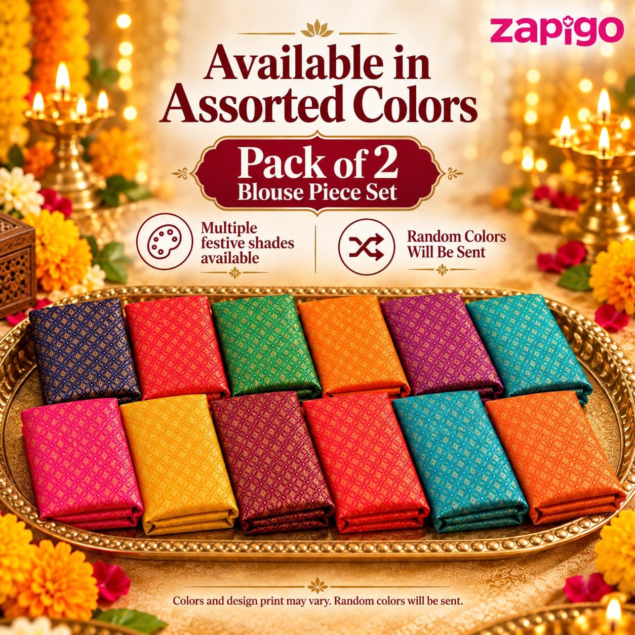 Mantapa Dazzle Unstitched Blouse Piece for Women, Silk Blend Blouse Material with Dense All-Over Gold Diamond Lattice Brocade, Assorted Colours 1 Metre, Traditional Haldi Kumkum, Pack of 2 thumbnail 7