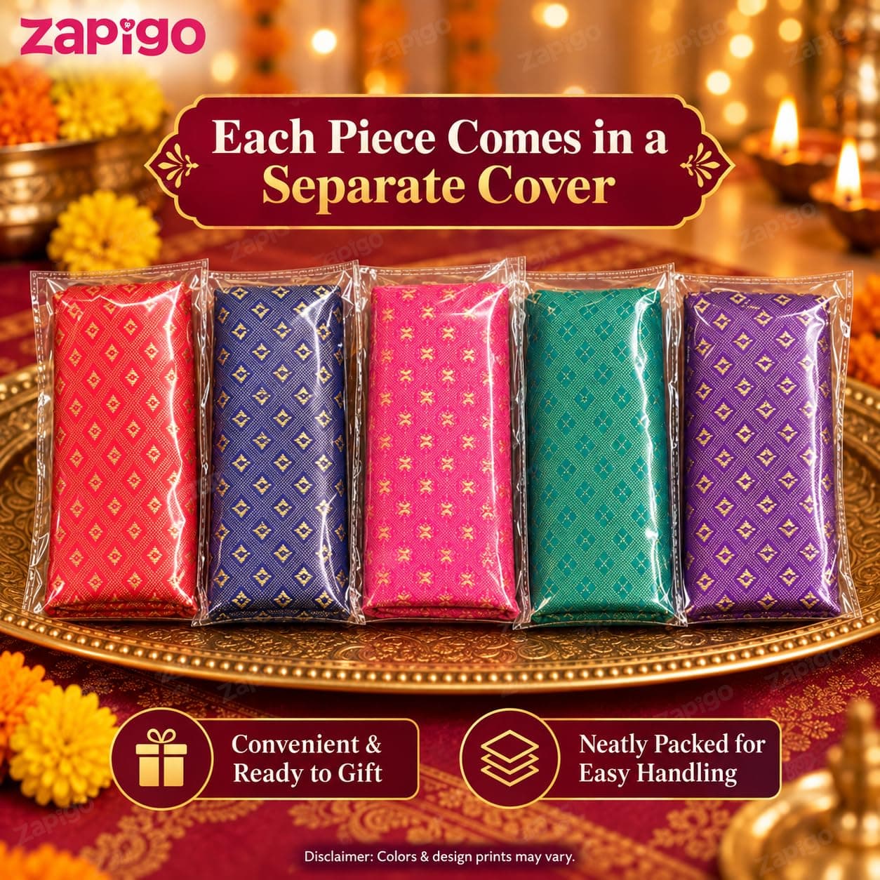 Mantapa Charm Unstitched Blouse Piece for Women, Silk Blend Blouse Material with Varied Small Gold Jacquard Motifs, Assorted Colours 1 Metre, Traditional Haldi Kumkum Thamboolam Gift, Pack of 2 thumbnail 4
