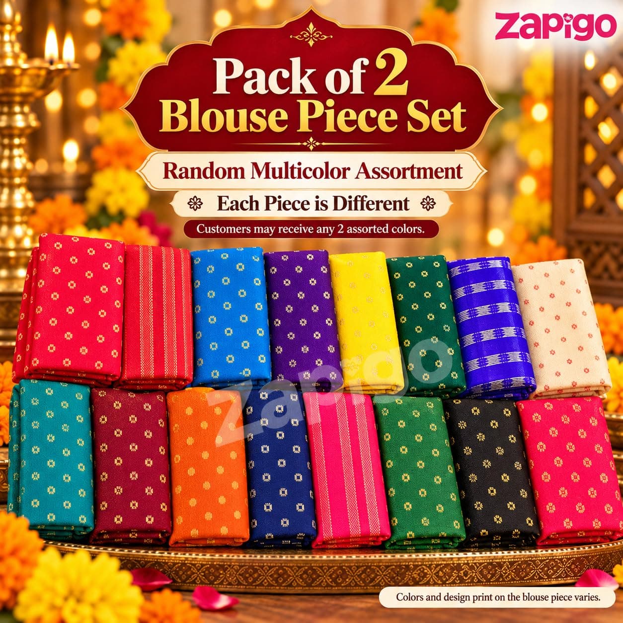 Mantapa Bliss Unstitched Blouse Piece for Women, Soft Cotton Blend Blouse Material with Tiny Gold Dot Motifs & Woven Border, Assorted Colours 1 Metre, Traditional Haldi Kumkum, Pack of 2 thumbnail 5