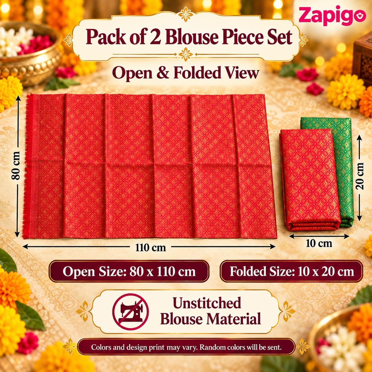 Mantapa Dazzle Unstitched Blouse Piece for Women, Silk Blend Blouse Material with Dense All-Over Gold Diamond Lattice Brocade, Assorted Colours 1 Metre, Traditional Haldi Kumkum, Pack of 2 thumbnail 3
