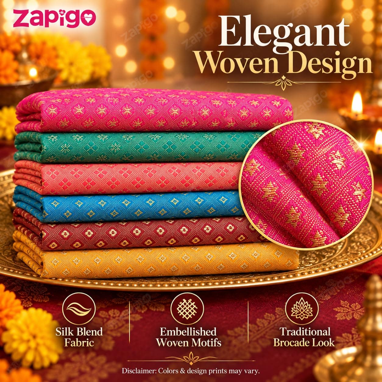 Mantapa Charm Unstitched Blouse Piece for Women, Silk Blend Blouse Material with Varied Small Gold Jacquard Motifs, Assorted Colours 1 Metre, Traditional Haldi Kumkum Thamboolam Gift, Pack of 2 thumbnail 7