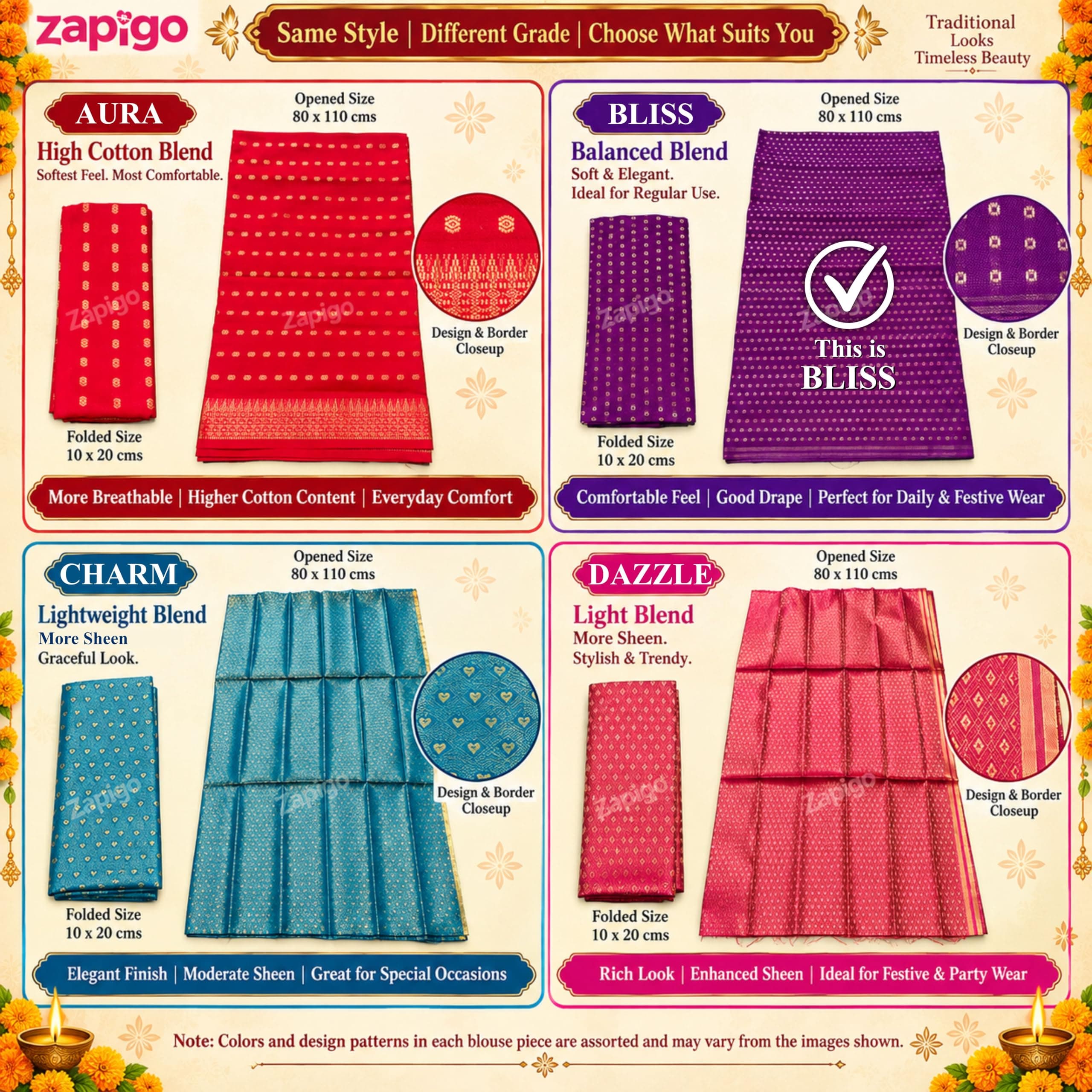 Mantapa Bliss Unstitched Blouse Piece for Women, Soft Cotton Blend Blouse Material with Tiny Gold Dot Motifs & Woven Border, Assorted Colours 1 Metre, Traditional Haldi Kumkum, Pack of 2 thumbnail 9