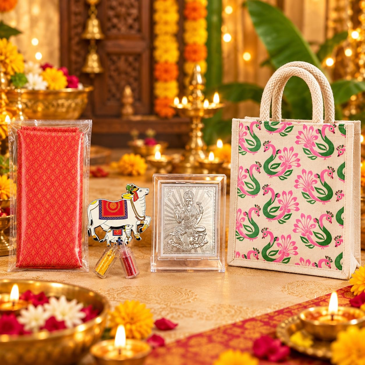 Mantapa Tambula Kit with Dazzle Silk Blend Blouse Piece, Cow Kumkum Set, Canvas Bag & Silver-Finish Pooja Frame, Thamboolam Return Gift for Navratri, Diwali, Upanayanam & Weddings, Pack of 1