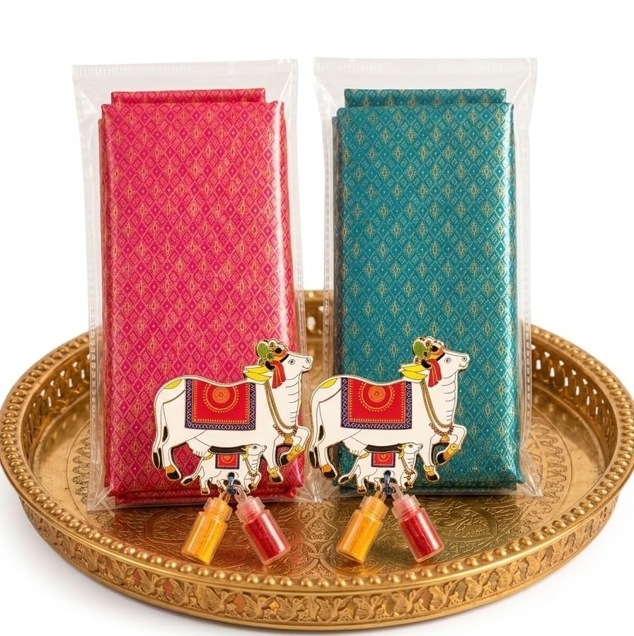 Mantapa Dazzle Unstitched Blouse Piece with Cow Kumkum Set, Silk Blend 1 Metre Blouse Material, Haldi Kumkum Return Gift for Women for Navratri, Diwali, Satyanarayan Puja & Weddings, Pack of 2