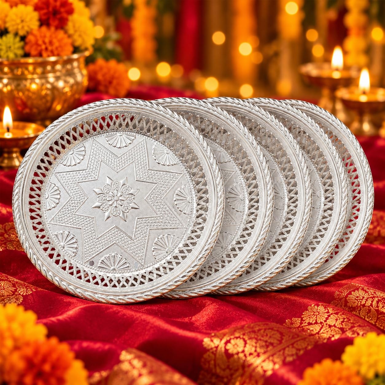 Mantapa Silver Finish Pooja Thali Return Gift, 7 Inch Embossed Tambulam Thali for Navratri, Diwali, Satyanarayan Puja, Griha Pravesh, Upanayanam, Engagement & Weddings, Pack of 5