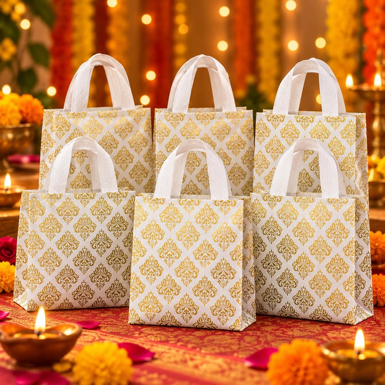 Mantapa Laminated Carry Bag 7 x 10 Inch with Handles, Reusable Return Gift Bag for Navratri, Diwali, Weddings, Baby Shower, Annaprashan, Naming Ceremony & Upanayanam, Pack of 10