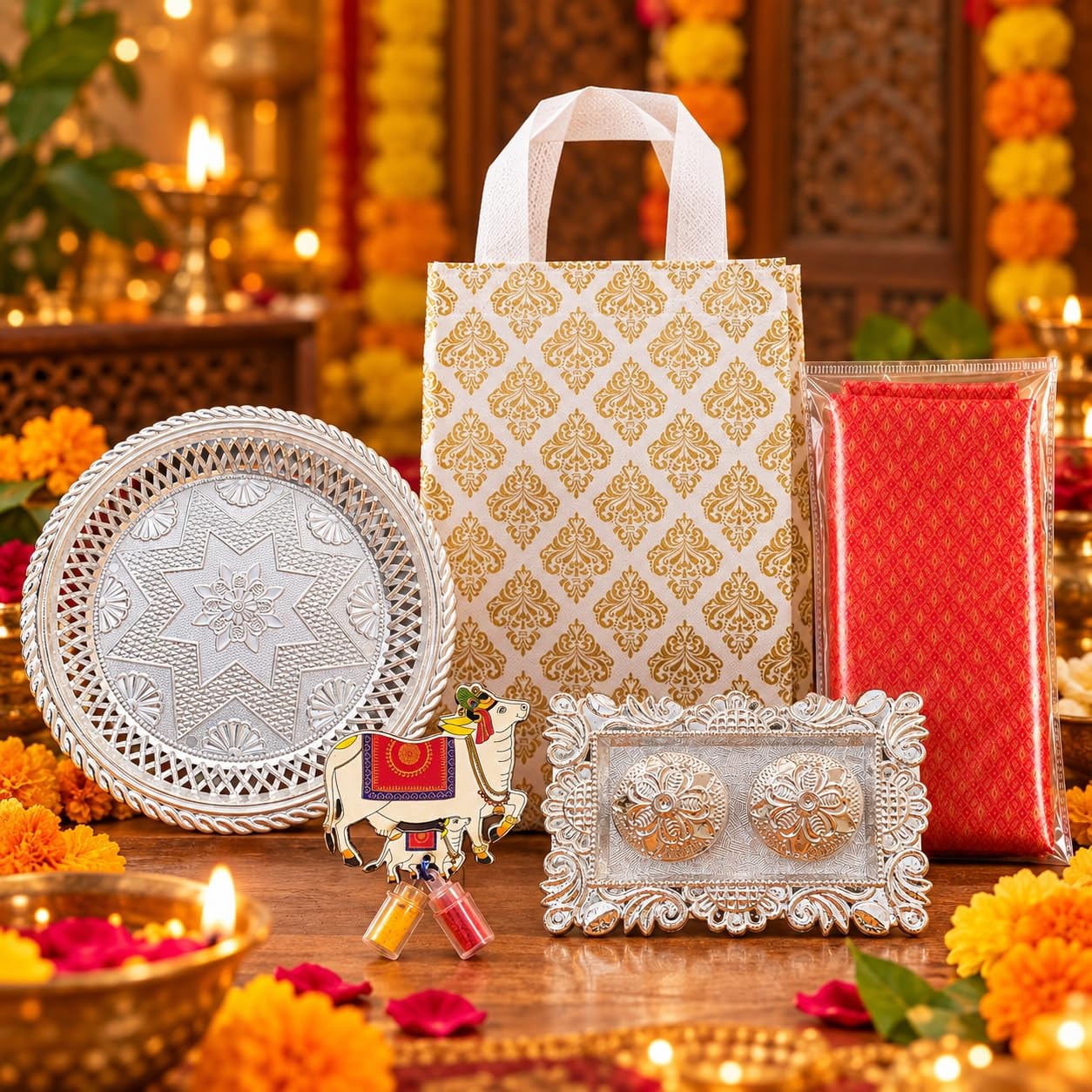 Mantapa Tambula Kit with Blouse Piece, Silver Plate, Cow Kumkum Set, Silver Kumkum Box & Carry Bag, Thamboolam Return Gift for Navratri, Diwali, Satyanarayan Puja, Upanayanam & Weddings, Pack of 1