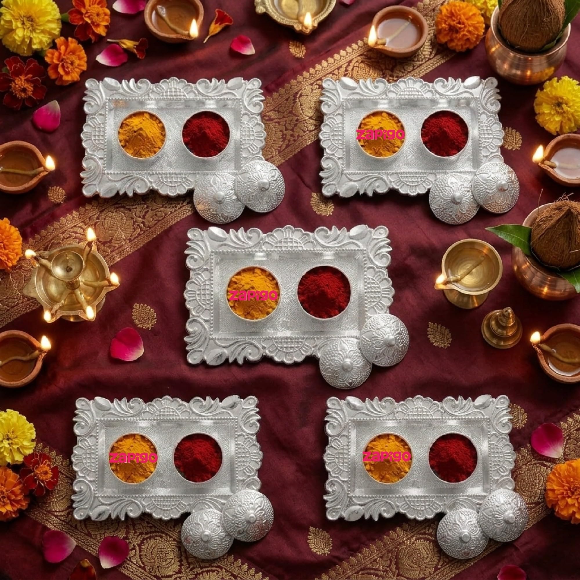 Mantapa Silver Haldi Kumkum Set with Lid, Kumkum Bharani, Traditional Pooja Return Gift for Navratri, Diwali, Satyanarayan Puja, Griha Pravesh, Weddings, Haldi Mehendi & Baby Shower, Pack of 5