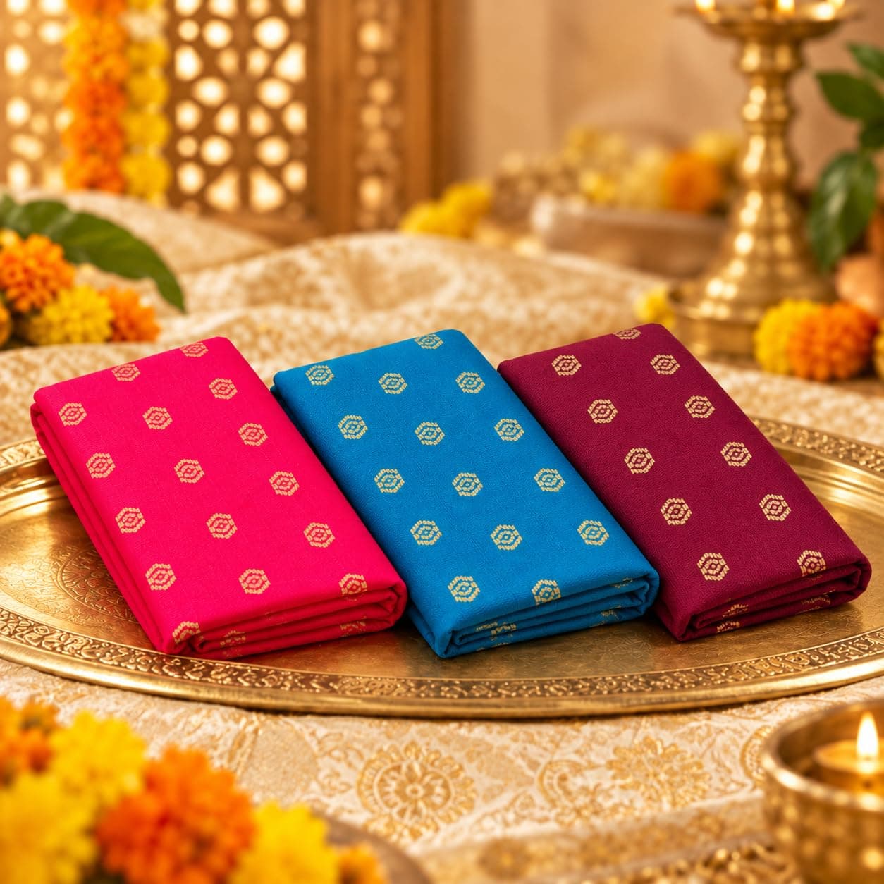 Mantapa Aura Unstitched Blouse Piece for Women, Soft Cotton Blend Blouse Material with Neatly Spaced Gold Hexagonal Butti Motifs, Assorted Colours 1 Metre, Traditional Haldi Kumkum, Pack of 2