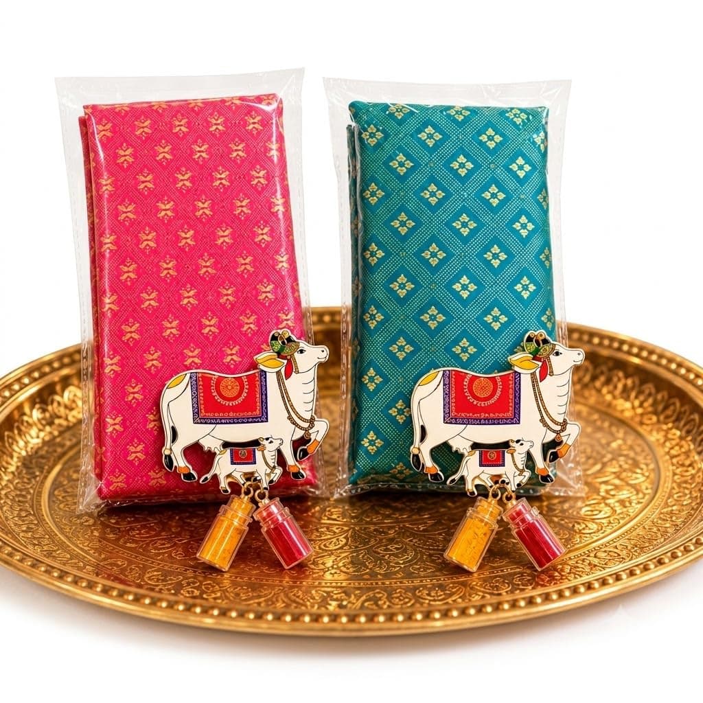 Mantapa Charm Unstitched Blouse Piece with Cow Kumkum Set, Silk Blend 1 Metre Blouse Material, Haldi Kumkum Return Gift for Women for Navratri, Diwali, Satyanarayan Puja & Weddings, Pack of 2
